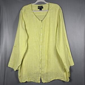 Tahari Linen Tunic Top 3X Yellow Green Button Front V Neck Roll Tab Plus Blouse